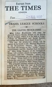 Drama League Schools Easter Programme.  27 March 1937