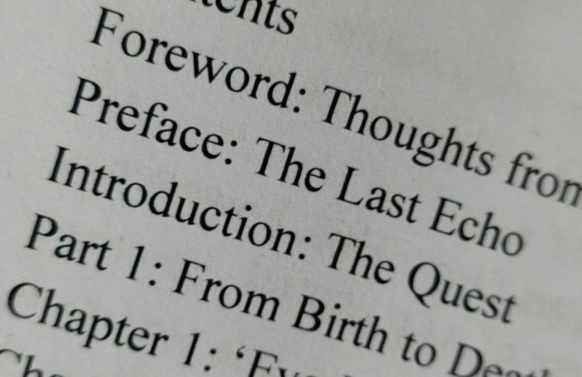 black text on white page listing some of the contents of the autobiography